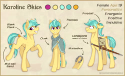 Size: 7983x4831 | Tagged: safe, artist:helmie-d, oc, oc only, oc:karoline skies, species:earth pony, species:pony, blank flank, cloak, clothing, fantasy, female, freckles, full body, happy, magenta eyes, mare, reference sheet, solo, yellow