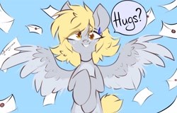 Size: 2048x1310 | Tagged: safe, artist:hydrargyrum, character:derpy hooves, species:pegasus, species:pony, blue background, bronybait, cute, derpabetes, dialogue, female, hug request, letter, looking at you, mare, simple background, smiling, solo, speech bubble, spread wings, sweat, sweatdrop, two toned wings, wings