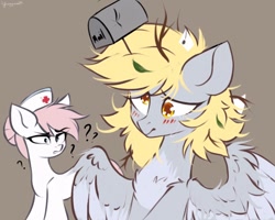 Size: 1024x818 | Tagged: safe, artist:hydrargyrum, character:derpy hooves, character:nurse redheart, species:earth pony, species:pegasus, species:pony, blushing, chest fluff, confused, cute, derpabetes, derpy being derpy, duo, female, letter, mailbox, mare, messy mane, question mark, unamused