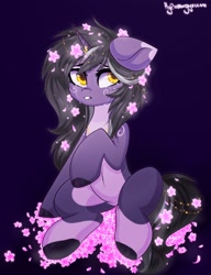 Size: 1574x2048 | Tagged: safe, artist:hydrargyrum, oc, oc only, oc:rivibaes, species:pony, species:unicorn, crying, flower, flower in hair, pale belly, sitting, socks (coat marking), solo