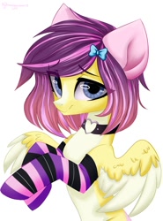Size: 1000x1350 | Tagged: safe, artist:hydrargyrum, oc, oc only, species:pegasus, species:pony, bow, choker, clothing, hair bow, hairclip, heart choker, pale belly, socks, solo, striped socks