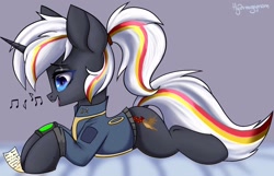Size: 1024x658 | Tagged: safe, artist:hydrargyrum, oc, oc only, oc:velvet remedy, species:pony, species:unicorn, fallout equestria, clothing, jacket, lying down, music notes, pipbuck, singing, solo, vault suit