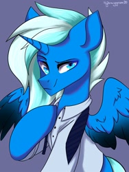 Size: 1500x2000 | Tagged: safe, artist:hydrargyrum, oc, oc only, species:alicorn, species:pony, alicorn oc, clothing, explicit source, horn, looking at you, necktie, shirt, smiling, solo, wings