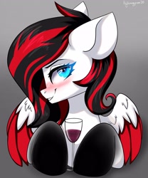 Size: 1706x2048 | Tagged: safe, artist:hydrargyrum, oc, species:pegasus, species:pony, alcohol, blushing, explicit source, glass, looking at you, smiling, solo, wine, wine glass