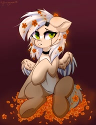 Size: 1574x2048 | Tagged: safe, artist:hydrargyrum, oc, oc only, species:pegasus, species:pony, crying, flower, flower in hair, pale belly, sitting, solo
