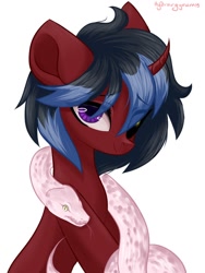 Size: 900x1200 | Tagged: safe, artist:hydrargyrum, oc, oc only, species:pony, species:unicorn, curved horn, cute, danger noodle, horn, looking at you, pet, python, smiling, snake, snek, solo