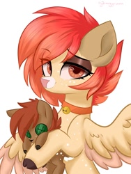 Size: 900x1200 | Tagged: safe, artist:hydrargyrum, oc, oc only, species:deer, species:pegasus, species:pony, bell, bell collar, cloven hooves, collar, eyeshadow, freckles, hybrid, lidded eyes, looking at you, makeup, plushie, smiling, solo