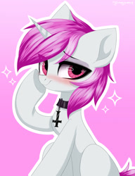 Size: 1000x1300 | Tagged: safe, artist:hydrargyrum, oc, oc only, species:pony, species:unicorn, blushing, collar, cross, inverted cross, lidded eyes, looking at you, smiling, solo, sparkles