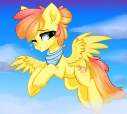 Size: 1500x1350 | Tagged: safe, artist:hydrargyrum, oc, oc only, species:pegasus, species:pony, ascot, cloud, flying, one eye closed, solo, sparkles, spread wings, wings, wink