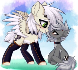 Size: 1500x1350 | Tagged: safe, artist:hydrargyrum, oc, oc only, species:earth pony, species:pegasus, species:pony, blushing, choker, clothing, eye contact, heart, heart eyes, lidded eyes, looking at each other, size difference, smiling, socks, spread wings, thigh highs, underhoof, wingding eyes, wings