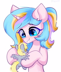 Size: 1800x2100 | Tagged: safe, artist:hydrargyrum, character:derpy hooves, oc, oc only, oc:oofy colorful, species:pony, species:unicorn, bust, female, heart eyes, holding a pony, horn, plushie, simple background, smiling, solo, unicorn oc, white background, wingding eyes
