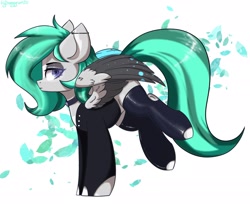 Size: 2048x1672 | Tagged: safe, artist:hydrargyrum, oc, oc only, species:pegasus, species:pony, clothing, ear piercing, earring, jewelry, lidded eyes, piercing, socks, solo, suit, thigh highs, unamused