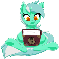 Size: 1048x1053 | Tagged: safe, artist:ikarooz, character:lyra heartstrings, species:pony, species:unicorn, newbie artist training grounds, atg 2020, book, chest fluff, colored pupils, female, gravity falls, hand, journal #3, mare, simple background, sitting, solo, that pony sure does love hands, transparent background