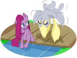 Size: 1280x968 | Tagged: safe, artist:ikarooz, character:derpy hooves, character:pinkamena diane pie, character:pinkie pie, species:earth pony, species:pegasus, species:pony, newbie artist training grounds, atg 2020, comforting, cute, cuteamena, derpabetes, diapinkes, duo, female, flying, mare, no pupils, simple background, sitting, smiling, teary eyes, transparent background, upside down