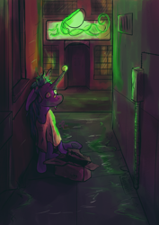 Size: 1416x2000 | Tagged: safe, artist:overlord pony, oc, oc only, oc:mix tape, species:mule, species:pony, species:unicorn, alleyway, box, city, homeless, hybrid, muleicorn, neon, neon sign, night, redraw, sad, scenery, solo, storefront, tennis ball