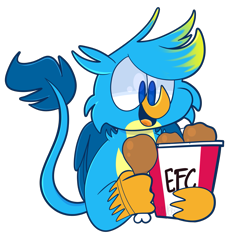 Size: 1771x1685 | Tagged: safe, artist:saveraedae, character:gallus, species:bird, species:chicken, species:griffon, cannibalism joke, carnivore, chicken leg, cute, food, gallabetes, gallus the rooster, griffons doing griffon things, happy, kfc, male, meat, simple background, solo, this will not end well, transparent background