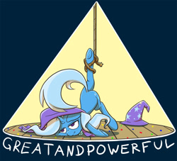 Size: 1135x1029 | Tagged: safe, artist:ikarooz, character:trixie, species:pony, species:unicorn, caption, clothing, epic fail, fail, female, great and powerful, hat, lidded eyes, majestic as fuck, mare, rope, simple background, solo, stage, trixie's hat