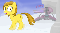 Size: 3900x2200 | Tagged: safe, artist:devfield, oc, oc:golden star, species:earth pony, species:pony, newbie artist training grounds, atg 2020, beam, female, floating, halo (series), imminent violence, lens flare, mare, rock, running, running away, shadow, shocked expression, snow, solo, surprised, the guardians, turret, two toned mane, two toned tail, wide eyes