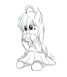 Size: 2924x3386 | Tagged: safe, artist:wapamario63, species:earth pony, species:pony, chornette, clothing, cute, eating, female, food, izumi konata, lineart, lucky star, mare, ponified, request, school uniform, sitting, skirt, solo