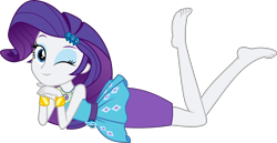 Size: 6000x3095 | Tagged: safe, alternate version, artist:twilirity, character:rarity, my little pony:equestria girls, absurd resolution, barefoot, clothing, cute, feet, female, one eye closed, prone, raribetes, simple background, solo, transparent background, wink