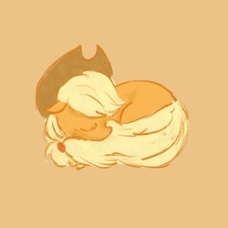 Size: 2048x2048 | Tagged: safe, artist:laya-21, character:applejack, species:earth pony, species:pony, behaving like a cat, clothing, cowboy hat, curled up, cute, eyes closed, female, floppy ears, hat, high res, jackabetes, mare, orange background, prone, simple background, sleeping, solo