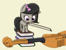 Size: 1254x955 | Tagged: safe, artist:ikarooz, character:octavia melody, species:earth pony, species:pony, newbie artist training grounds, atg 2020, blank flank, book, bow, bow (instrument), cello, cute, female, filly, filly octavia, grin, hair bow, looking down, mouth hold, musical instrument, simple background, smiling, smol, solo, tan background, tavibetes, weapons-grade cute, yellow background, younger