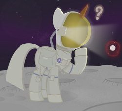 Size: 2200x2000 | Tagged: safe, artist:devfield, species:pony, species:unicorn, newbie artist training grounds, astronaut, atg 2020, badge, bag, clothing, confused, crater, generic pony, golf ball, levitation, light, magic, moon, question mark, raised hoof, saddle bag, shading, shadow, solo, space, space suit, stars, telekinesis, tubes