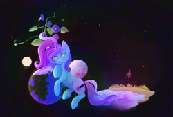 Size: 3120x2109 | Tagged: safe, artist:overlord pony, oc, oc only, oc:untitled work, species:pony, duster, earth, female, flower, grass, green eyes, hooves, mare, moon, open mouth, reaching out, rock, sand, smiling, sparkle, stars, sun, water