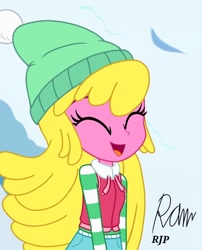 Size: 850x1050 | Tagged: safe, artist:rjp.rammy, character:cherry berry, my little pony:equestria girls, beanie, belt, clothing, equestria girls-ified, eyes closed, female, hat, jacket, jeans, open mouth, pants, sledding, snow, solo