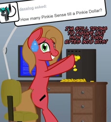 Size: 726x800 | Tagged: safe, artist:kaylathehedgehog, oc, oc:pun, species:earth pony, species:pony, ask pun, ask, bits, blue screen of death, coin, computer, solo, sweat, sweatdrop