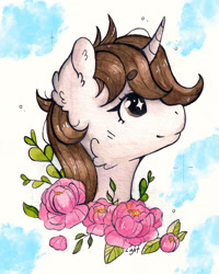 Size: 2861x3576 | Tagged: safe, artist:lightisanasshole, oc, oc:dorm pony, species:pony, species:unicorn, abstract background, blushing, branches, brown eyes, brown mane, bust, cheek fluff, female, flower, gray coat, looking up, messy mane, pink flowers, profile, profile picture, solo