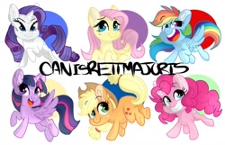 Size: 1024x659 | Tagged: safe, artist:canisrettmajoris, character:applejack, character:fluttershy, character:pinkie pie, character:rainbow dash, character:rarity, character:twilight sparkle, character:twilight sparkle (alicorn), species:alicorn, species:earth pony, species:pegasus, species:pony, species:unicorn, chibi, cute, female, mane six, mare, signature, smiling, sticker