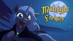 Size: 2880x1620 | Tagged: safe, artist:lionheartcartoon, character:princess luna, species:alicorn, species:pony, cape, choice, clothing, cute, female, insanity, lunabetes, midnight frenzy, moon, night, solo, song in the description, tongue out