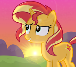 Size: 2700x2400 | Tagged: safe, artist:devfield, character:sunset shimmer, species:pony, species:unicorn, newbie artist training grounds, atg 2020, female, glow, high res, hill, lens flare, mare, mountain, outdoors, redraw, shading, shadow, show accurate, smiling, solo, sun, sunset, two toned mane, two toned tail