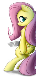 Size: 923x1975 | Tagged: safe, artist:ikarooz, character:fluttershy, species:pegasus, species:pony, newbie artist training grounds, atg 2020, bipedal, chest fluff, female, knife, looking at you, looking back, looking back at you, mare, profile, simple background, smiling, solo, white background