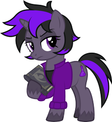 Size: 1860x2040 | Tagged: safe, artist:lightning stripe, derpibooru original, oc, oc:spellbound, species:pony, species:unicorn, black mane, book, clothing, commission, cutie mark, female, horn, jacket, mare, messy mane, purple eyes, show accurate, simple background, solo, spellbook, transparent background, two toned mane, two toned tail, unshorn fetlocks, vector