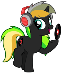 Size: 1821x2138 | Tagged: safe, artist:lightning stripe, derpibooru original, oc, oc:melody beats, species:pony, species:unicorn, black coat, clothing, commission, cutie mark, female, headphones, horn, long hair, long mane, mare, multicolored hair, one leg raised, record, show accurate, simple background, smiling, solo, teal eyes, transparent background, vector