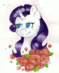 Size: 2424x3030 | Tagged: safe, artist:lightisanasshole, character:rarity, species:pony, species:unicorn, abstract background, alternate hairstyle, blue eyes, bust, chest fluff, curved horn, ear fluff, eyeliner, female, flower, high res, horn, leaf, makeup, neck fluff, petals, portrait, rose, solo, white coat