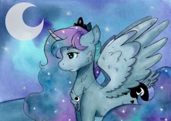 Size: 4893x3460 | Tagged: safe, alternate version, artist:lightisanasshole, character:princess luna, species:alicorn, species:pony, cheek fluff, chest fluff, crown, curved horn, cutie mark, ear fluff, ethereal mane, female, galaxy mane, horn, jewelry, lidded eyes, mare, melancholy, necklace, night, poster, profile, regalia, solo, spread wings, stars, tail feathers, tiara, traditional art, wing fluff, wings