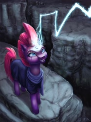 Size: 1280x1707 | Tagged: safe, artist:catscratchpaper, character:tempest shadow, species:pony, species:unicorn, broken horn, female, horn, lightning, magic, open mouth, solo