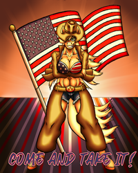 Size: 1200x1500 | Tagged: safe, artist:korencz11, character:applejack, species:anthro, 4th of july, american flag, american flag bikini, american independence day, amerijack, badass, belt, belt buckle, breasts, busty applejack, chaps, cleavage, clothing, cowboy hat, daisy dukes, female, flag bikini, hat, holiday, patriotic, patriotism, shorts, solo, stetson