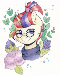 Size: 2219x2774 | Tagged: safe, artist:lightisanasshole, character:moondancer, species:pony, species:unicorn, bubble, bust, cheek fluff, clothing, curved horn, cute, dancerbetes, ear fluff, female, flower, glasses, horn, looking at you, mare, messy mane, nerdy, plant, ponytail, portrait, smiling, solo, three quarter view, traditional art