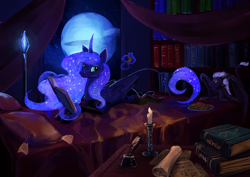 Size: 3508x2480 | Tagged: safe, artist:dalagar, character:princess luna, oc, species:alicorn, species:dragon, species:pony, bed, book, bookshelf, candle, clothing, cookie, food, full moon, inkwell, moon, night, pillow, quill, scroll, socks