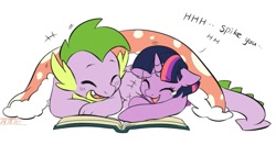 Size: 1049x553 | Tagged: safe, artist:drtuo4, edit, character:spike, character:twilight sparkle, species:dragon, species:pony, bedsheets, blanket, book, cropped, cute, duo, ear fluff, eyes closed, female, floppy ears, happy, laughing, male, older, older spike, open mouth, prone, reading, smiling, spikabetes, spikelove, tears of laughter, teary eyes, twiabetes