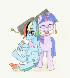 Size: 1024x1137 | Tagged: safe, artist:friendshipishorses, character:rainbow dash, character:twilight sparkle, character:twilight sparkle (unicorn), species:pegasus, species:pony, species:unicorn, newbie artist training grounds, atg 2020, clothing, diploma, duo, female, graduation cap, hat, mare, mouth hold