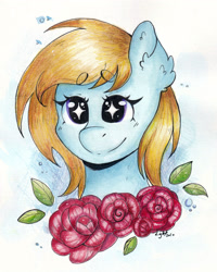Size: 2480x3101 | Tagged: safe, artist:lightisanasshole, oc, oc only, oc:cloud cuddler, species:pegasus, species:pony, blonde hair, blonde mane, blue coat, bust, female, flower, leaf, looking at you, portrait, purple eyes, rose, solo, starry eyes, traditional art, watercolor painting, wingding eyes