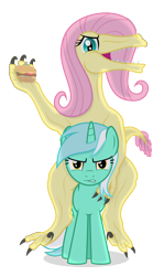 Size: 2200x3700 | Tagged: safe, artist:devfield, character:fluttershy, character:lyra heartstrings, oc, oc:raptorshy, species:pony, derpibooru, borgarposting, burger, cheese, claws, dinosaur, dinosaurified, female, food, glare, lettuce, looking at you, lyra is not amused, mare, meat, meta, pink mane, riding, riding a pony, shading, shadow, sharp teeth, simple background, species swap, tail, teeth, the end of derpibooru, tomato, transparent background, unamused, velociraptor, veloshyraptor, wide eyes