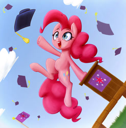 Size: 1386x1402 | Tagged: safe, artist:ikarooz, character:pinkie pie, species:pony, newbie artist training grounds, atg 2020, clothing, cutie mark, female, graduation, happy, hat, implied twilight sparkle, jumping, mare, open mouth, school, solo