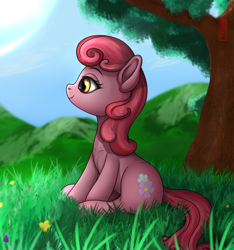 Size: 2340x2503 | Tagged: safe, artist:celsian, species:pony, background pony, female, flower, mare, meadow, mountain, posey petals, signature, sitting, solo, summer, tree
