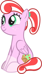 Size: 1027x1791 | Tagged: safe, artist:lightning stripe, derpibooru original, oc, oc only, oc:misty mint, species:pegasus, species:pony, cute, cutie mark, freckles, green eyes, ocbetes, pink coat, ponytail, show accurate, simple background, sitting, smiling, socks (coat marking), solo, striped mane, transparent background, vector, wings